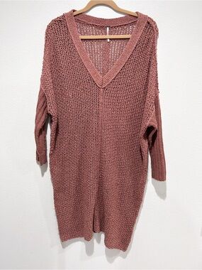 Free People Women's V-Neck Open Knit Sweater Dress - Dusty Rose brown